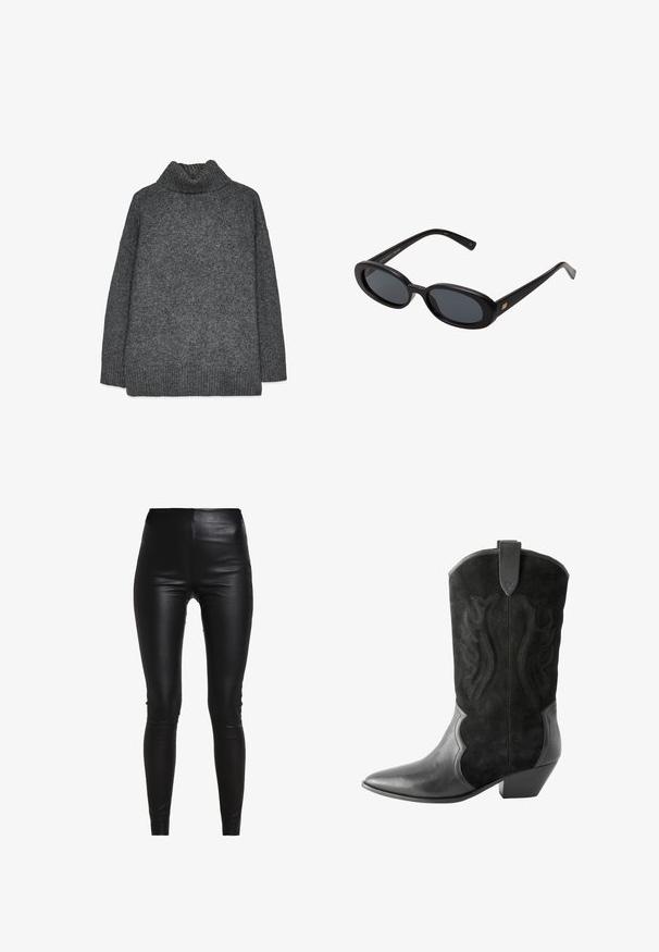 Siv pleten turtleneck pulover s sproščenim krojem, rebrastimi robovi in teksturiranim tkanjem. Zadaj je preprost brez dodatnih podrobnosti.; Rdeča brezrokavnik s tako imenovanim drapiranim izrezom, asimetričnim robom in detajlom s trakom v pasu. Narejena iz lahkega, prosojnega materiala.; Črne legice iz umetnega usnja z visokim pasom, prilegajočim se krojem, gladko teksturo ter brez vidnih šivov ali okrasitev.; Next Gležnjar v kavbojskem in motorističnem slogu - black; Črne oversize sončne očala z ovalnimi lečami, gladkim plastičnim okvirjem in zlatenimi detajli na templjih. Temne leče zagotavljajo zaščito pred soncem.; Črna usnjena torba s ukrivljeno zasnovo, z zlatimi dodatki in zgornjim ročajem. Ima eleganten zapirni mehanizem in gladko teksturo.