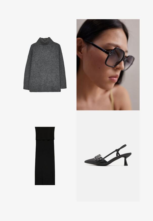 Siv pleten turtleneck pulover s sproščenim krojem, rebrastimi robovi in teksturiranim tkanjem. Zadaj je preprost brez dodatnih podrobnosti.; Črna obleka do tal s prilegajočim zgornjim delom in elegantnim, minimalističnim dizajnom. Narejena iz gladkega blaga, z enotno barvo brez vzorcev.; Simmi London DALA - Klasične pete - black; Črne prevelike sončna očala z debelim okvirjem, gradientnimi lečami in kovinskimi detajli na tempeljih. Poudarjen bližnji pogled, ki izpostavlja obliko obraza.; Črna tkaninasta torba s two ročaji, ki ima teksturirano površino in pravokotno obliko. Preprost, edinstven dizajn brez vidne opreme.