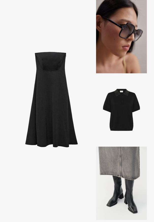 Siv pleten turtleneck pulover s sproščenim krojem, rebrastimi robovi in teksturiranim tkanjem. Zadaj je preprost brez dodatnih podrobnosti.; Kaffe Polo majica - black deep; Črna brezramna obleka s prilegajočim korzetom in širšim, dolgem krilom, ki sega do tal. Narejena iz gladkega materiala brez vidnih vzorcev ali dodatkov.; Črne škornje do kolen iz gladkega usnja s kvadratnim nosom in blok peto. Uporabljene s sivo denim krilom z raztrgano obrobo.; Črne prevelike sončna očala z debelim okvirjem, gradientnimi lečami in kovinskimi detajli na tempeljih. Poudarjen bližnji pogled, ki izpostavlja obliko obraza.; Črna usnjena torba s ukrivljeno zasnovo, z zlatimi dodatki in zgornjim ročajem. Ima eleganten zapirni mehanizem in gladko teksturo.