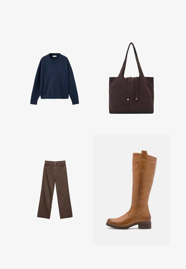 Meriharmaa neulepaita, jossa on pyöreä kaula-aukko, pitkät hihat ja ribbireunukset hihansuissa ja helmassa. Pehmeä rakenne, rento malli, minimalistinen muotoilu.; Leviittävät ruskeat farkut, jotka on valmistettu denimistä, korkea vyötärö, etutaskut ja klassinen nappikiinnitys. Silkkinen pinta hienovaraisella ompelutyöllä.; Anna Field LEATHER - Saappaat - cognac; Mango Shopping bag - dark brown
