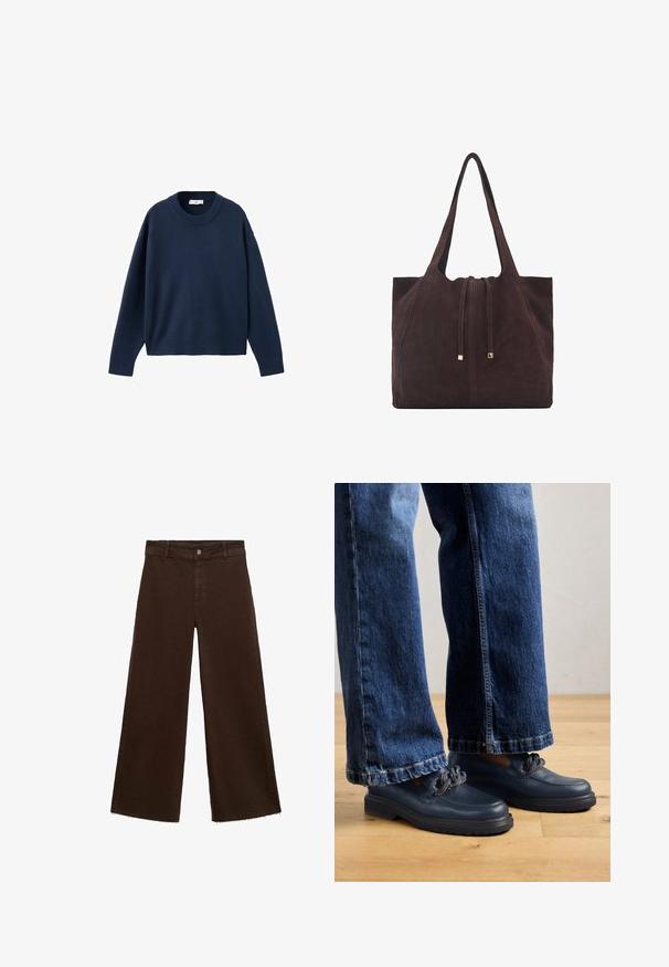 Pulover tricotat bleumarin, cu guler rotund, mâneci lungi și manșete și tiv cu ochiuri. Textură moale, croială lejeră, design minimalist.; Pantaloni largi maro dintr-un amestec de bumbac, cu un tiv desfăcut, închidere cu buton frontal și un design clasic cu cinci buzunare. Minimalist și versatil.; Pantofi din piele albastru marin cu o talpă groasă și detalii cu lanț pe partea superioară, asociați cu blugi din denim întunecat, cu croială lejeră.; Mango Geantă de pânză - dark brown