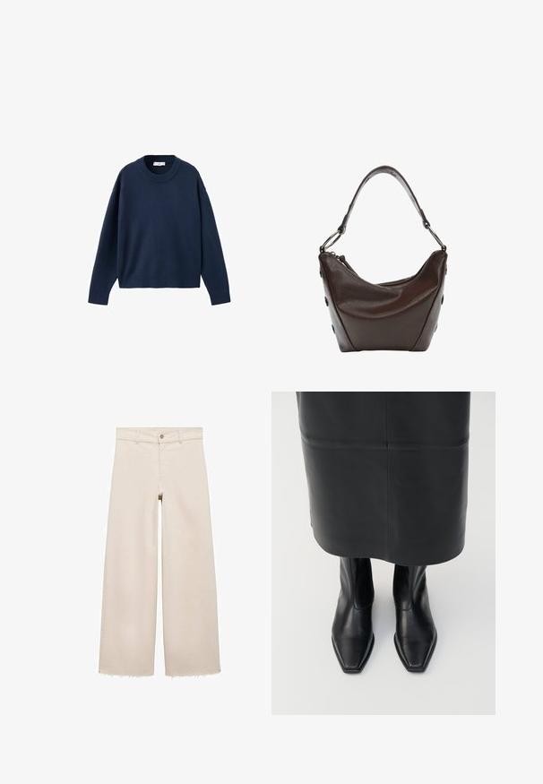 Pulover tricotat bleumarin, cu guler rotund, mâneci lungi și manșete și tiv cu ochiuri. Textură moale, croială lejeră, design minimalist.; Jeans bej cu picioare largi și talie înaltă, cu închidere cu buton, buzunare frontale și tiv desfăcut. Fabricate din material denim.; Bocanci negri din piele, cu glezna înaltă, design cu vârf pătrat și fermoar lateral. Textură netedă și hardware minim; asortați cu o fustă neagră din piele.; Geantă de mână din piele maro închis, cu o formă curbată, închidere cu fermoar și un mânere scurt. Include accesorii metalice și butoane decorative negre pe lateral.