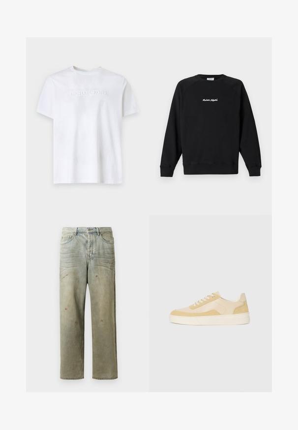 Hanorac negru cu mâneci lungi și guler rotund, cu text alb „Maison Kitsuné” centrat pe piept, prezentat pe un fundal deschis simplu.; Tricou alb cu mânecă scurtă, de tip crew neck, cu logo-ul embosat "MICHAEL KORS" centrat pe piept, pe un fundal simplu.; Jeans din denim uzat, de culoare verde deschis, cu un croi drept, design cu cinci buzunare, și decolorare inegală cu stropi de vopsea.; Adidași din suede și piele galben deschis, cu o talpă moale și detalii cusute. Design clasic cu șireturi și vârf rotunjit.