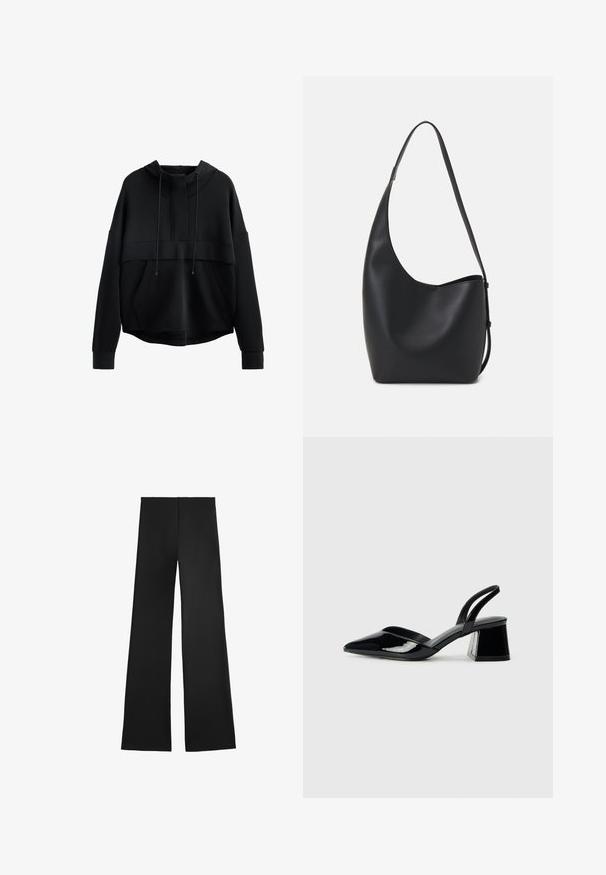 Zwarte cropped hoodie van zacht materiaal. Heeft een hoge halslijn, koordjes, een voorzak en brede mouwen met ribgebreide manchetten.; Zwarte brede broek van gladde stof met een elastische tailleband. Het ontwerp heeft een full-length snit en geen zichtbare patronen of accenten.; Zwarte gepatineerde leren slingback hakken met een spitse neus en een geometrische blokhak. Kenmerkt zich door een slank, minimalistisch ontwerp en een gladde textuur.; Zwarte leren hobo tas met een gladde textuur, kromme vorm en een enkele verstelbare schouderband; heeft een brede opening aan de bovenkant.