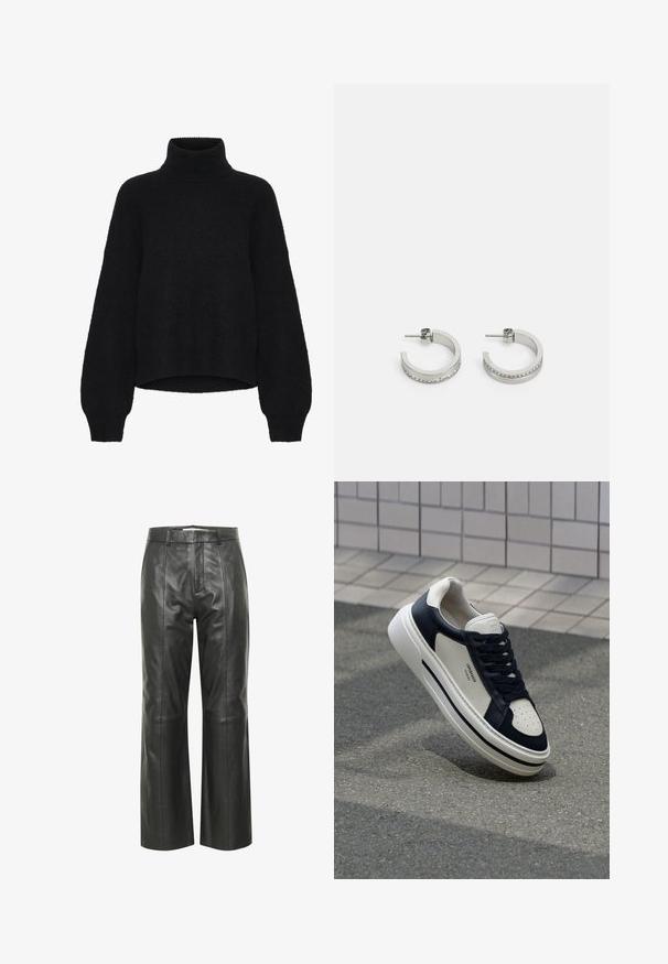 Schwarzer Rollkragenpullover mit einem verkürzten Design, aus flauschigem Material gefertigt. Mit weiten Ärmeln und einer gerippten Textur am Kragen.; Schwarze lederne weit geschnittene Hose mit einer glatten Textur, ausgestattet mit einem Bund, vorderen Falten und dezenten Steppnähten.; Weiße und marinefarbene Leder-Sneaker mit durchlöchtem Zehenbereich, Schnürsenkeln und einer strukturierten Gummisohle, mit Branding an der Seite.; Silberne Creolen mit einer glatten Oberfläche und einer Reihe kleiner klarer Steine entlang der unteren Kante, mit einer Steckverschluss.