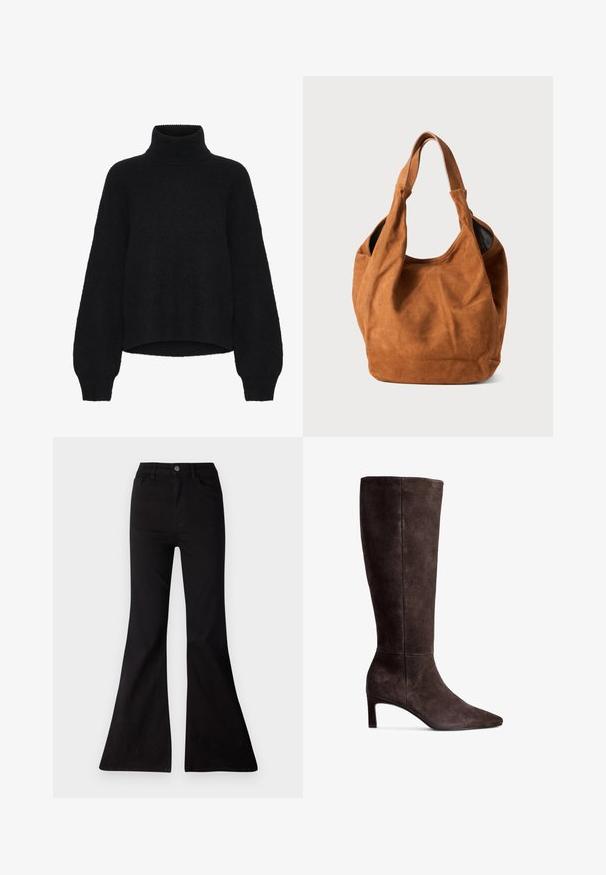 Must turtlenecki, millel on lühike disain ja mis on valmistatud kohevast kangast. Omab laiu varrukaid ja ribakujundust krael.; Mustast flaierd denimsinist, kõrge vöökoht, eesmine taskud ja suur avaus nohikutel, et luua laia jala siluett.; Pruun nubukist kuni kõrge säärega saapad, millel on terav varvas ja 3-tolline kanna kõrgus. Sile tekstuur, õhuke siluett ja minimalistlik disain.; Pruun nubukist õlakott pehme tekstuuri, kumeriku kuju ja kahe käepideme ning minimaalsete joontega. Funktsioneerib ilma nähtava riistvara või aksessuaarideta.