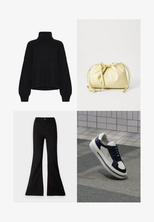 Juoda golfas su sutrumpintu dizainu, pagamintas iš pūkuotos medžiagos. Turi plačias rankoves ir taip pat įpjovimą apykaklėje.; Juoda flared džinsai, pagaminti iš džinsinio audinio, su aukšta talija, priekinėmis kišenėmis ir dideliu atidarymu apačioje, suteikiančiu plačių kojų siluetą.; Balti ir tamsiai mėlyni odiniai sportbačiai su perforuota padu, raišteliais ir šiurkščiu guminiu padu, su prekės ženklu šone.; Geltona odinė rankinė su susiraukšlėtu dizainu, reguliuojamu raišteliu ir vienu ilgu dirželiu. Minimalus ženklinimas apačioje.