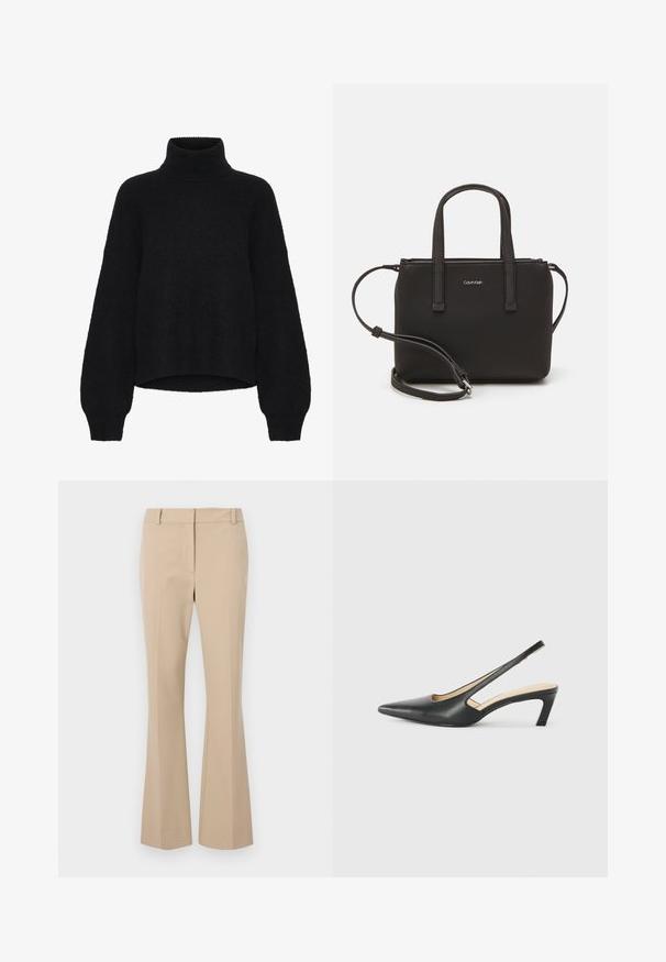 Zwarte coltrui met een cropped ontwerp, gemaakt van pluizige stof. Het heeft brede mouwen en een geribbelde textuur bij de kraag.; Beige op maat gemaakte broek met een rechte pasvorm, voorzien van een platte voorkant, riemlussen en een gladde textuur. Geen zichtbare zakken of patronen.; Zwarte puntige slingback schoen met een lage hak, gemaakt van soepel leer en voorzien van een uitsnede aan de zijkant voor ventilatie.; Zwarte handtas met dubbele korte handvatten en een afneembare schouderriem. Glad, leerachtig materiaal met een ritssluiting en logo-detail.