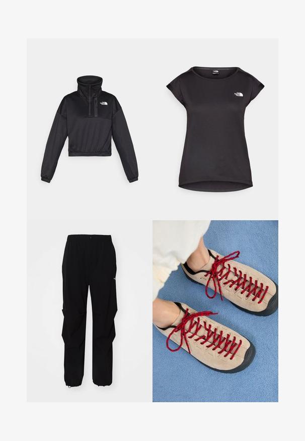 Črn skrajšan pulover s poudarjenim ovratnikom, polovičnim zadrgo, rebrastimi detajli in logotipom The North Face na prsih. Narejen iz gladkega materiala.; The North Face TANKEN TANK - Športne majice - black; Črne zunanje hlače iz trpežnega materiala, s sproščenim krojem, elastičnim pasom in odprtinami na koncu, ki omogočajo prilagodljivo dolžino.; Bežna obutev s rdečimi vezalkami, postavljena na modri teksturirani površini, delno razkriva osebo zgledujoče gležnje. Čevlji imajo športen dizajn.