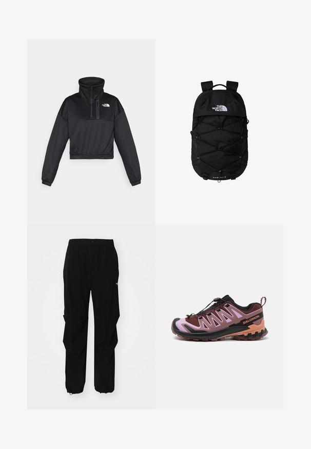 Svart kortad sweatshirt med hög krage, halvvagn, ribbade detaljer och The North Face-logotyp på bröstet. Tillverkad av mjukt tyg.; Svarta utomhusbyxor gjorda av slitstarkt material, med en avslappnad passform, elastisk midja och indragna muddar för justerbar längd.; Trailrunning-sko i svart, vinröd och rosa. Har en ovandel i mesh, integrerat snörningssystem, texturerad sula och en stabiliserande klack.; Svart ryggsäck med zip-försedd huvudfack, elastic bungee-korddesign, vadderade remmar och en logotyp framtill; tillverkad av slitstarkt tyg.