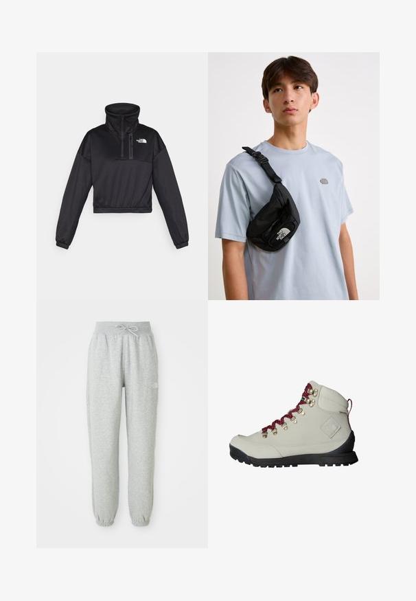 Fekete, rövidített pulóver, magas gallérral, félig cipzárral, bordázott részletekkel és a The North Face logójával a mellen. Simára szőtt anyagból készült.; Szürke melegítőnadrág rugalmas derékkal és zsinórral. Az anyaga puha, rugalmas mandzsettákkal a bokán és logóval díszítve.; Beige túracipő piros fűzőkkel, fémből készült fűzőlyukakkal és texturált felülettel. Robusztus fekete talppal rendelkezik, és az oldalán jellegzetes logó részlet található.; Fekete nylon keresztpántos táska állítható pánttal, kiemelkedő fehér logóval. Világoskék póló felett viselve. Egyszerű, funkcionális dizájn.
