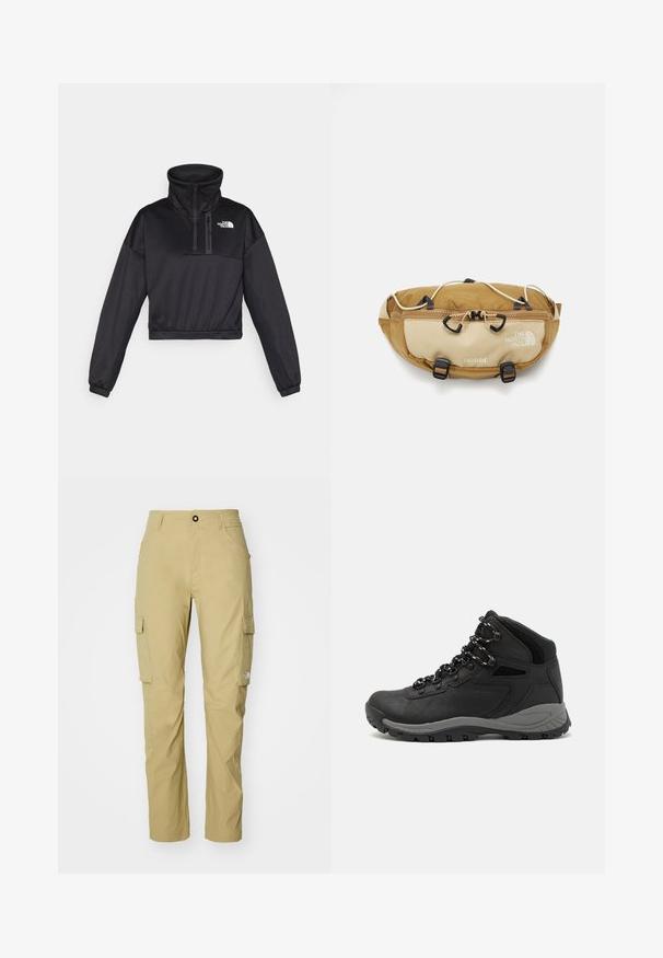 Crni skraćeni pulover s visokim ovratnikom, polu-zipom, rebrastim detaljima i logotipom The North Face na prsima. Izrađen od glatkog materijala.; Pantalone za teret u svijetloj kaki boji, sa ravnim nogavicama, višestrukim bočnim džepovima i jednostavnim pojasom s dugmetom. Tekstura je glatka.; Crne planinarske čizme s dizajnom srednjeg vrha, sa teksturiranim gornjim dijelom, sivim akcentima i izdržljivom gumom potplatom s uzorkom za prianjanje.; The North Face TERRA LUMBAR 3L UNISEX - Pojasna torbica - utility brown/khaki stone