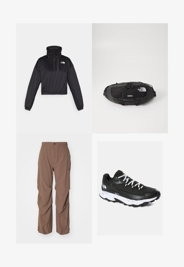Fekete, rövidített pulóver, magas gallérral, félig cipzárral, bordázott részletekkel és a The North Face logójával a mellen. Simára szőtt anyagból készült.; The North Face PANT - Nadrágok - smokey brown; Fekete sportcipő, hálós felsőrésszel és textúrázott kialakítással. Jellemzője a fehér pöttyözött középtalpak, vastag fekete talp, valamint a fényvisszaverő cipőfűzők.; Fekete övtáska, tartós nylon anyagból készült, cipzáras zseb duplafogantyúval, kontrasztos fehér logóval és felirattal. Kompakt kialakítás, állítható pántokkal.