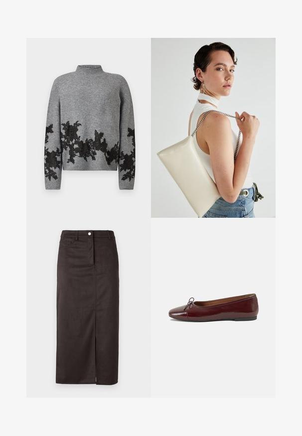 Grauer Strickpullover mit geripptem Kragen und Saum, der mit schwarzer floraler Spitzenapplikation entlang der unteren Vorderseite, Ärmel und Bündchen versehen ist.; Brauner, knielanger Rock aus glattem Stoff. Verfügt über einen Schlitz vorne, einen Knopfverschluss und seitliche Taschen für zusätzliche Funktionalität.; Burgunderfarbenes, lackiertes Ballettschuh mit abgerundetem Zehenbereich, kleiner Schleifenakzent vorne und einer niedrigen, schwarzen Gummisohle. Glatte Textur.; Weiße rechteckige Clutch aus glänzendem Material mit einem silbernen Kettenriemen. Das Model posiert und präsentiert die Tasche vor einem schlichten Hintergrund.