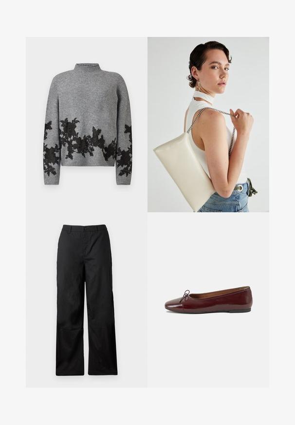 Grå stickad tröja med ribbad krage och nederkant, med svart blommig spetsapplikation längs den nedre framsidan, ärmarna och manschetterna.; Svarta, vida byxor i slätt tyg. Har en knappstängning och bältesslingor. Inga synliga mönster eller detaljer.; Burgunderfärgad lackläderballettskor med rund tå, liten rosettdekoration fram och en låg, svart gummisula. Slät textur.; Vitt rektangulärt clutch-väsk i glänsande material, med en kedjesnor i silver. Modellen poserar och visar upp väskan mot en neutral bakgrund.