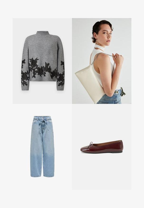 Szary sweter dzianinowy z prążkowanym kołnierzem i dołem, z czarnymi aplikacjami koronkowymi w kwiatowe wzory wzdłuż dolnej części przodu, rękawów i mankietów.; Jasnoniebieskie dżinsy w szerokim kroju z przewiązywanym paskiem, pięcioma kieszeniami oraz lekko sfatygowanym wykończeniem z małymi plamkami na całej powierzchni.; Bordowe baleriny z lakierowanej skóry z zaokrąglonym noskiem, małą kokardką z przodu oraz niską, czarną gumową podeszwą. Gładka tekstura.; Biała prostokątna kopertówka wykonana z błyszczącego materiału, z srebrnym łańcuszkiem. Modelka pozuje, prezentując torebkę na jednolitym tle.