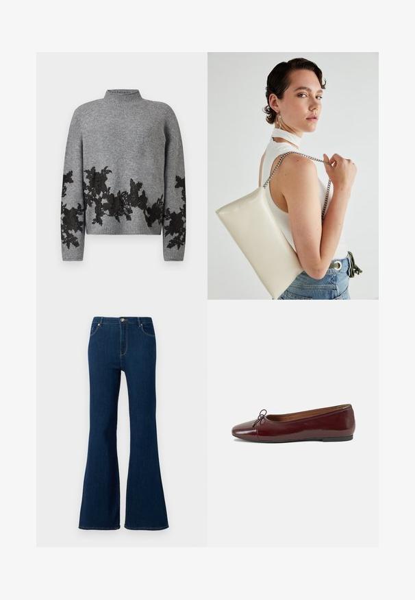 Grey knit sweater with ribbed collar and hem, featuring black floral lace appliqué along the lower front, sleeves, and cuffs.; Flared dark blue jeans made of denim. Features include a front button closure, five-pocket design, and stitched accents on the pockets.; Burgundy patent leather ballet flat with a rounded toe, small bow accent at the front, and a low, black rubber sole. Smooth texture.; White rectangular clutch bag made of glossy material, featuring a silver chain strap. Model poses, showcasing the bag against a plain background.