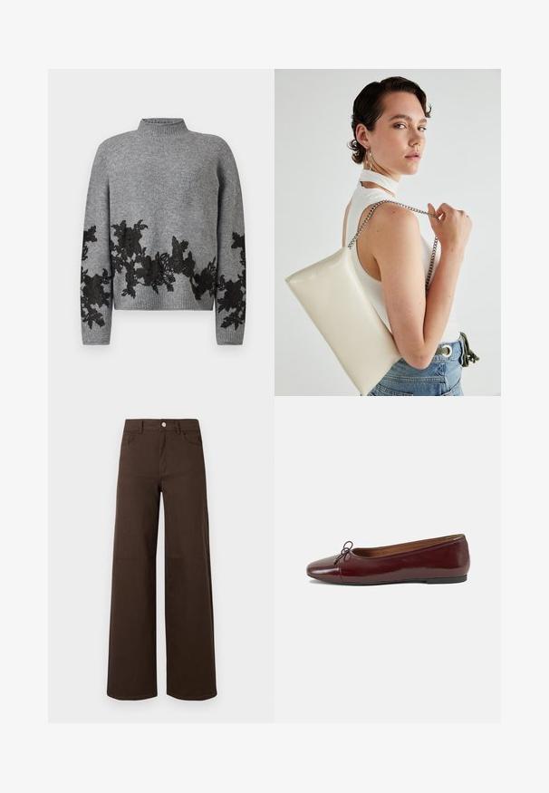 Grå stickad tröja med ribbad krage och nederkant, med svart blommig spetsapplikation längs den nedre framsidan, ärmarna och manschetterna.; Bruna vida byxor i hållbart tyg, med knappstängning och klassisk femfickedesign. Slät textur med minimal detaljering.; Burgunderfärgad lackläderballettskor med rund tå, liten rosettdekoration fram och en låg, svart gummisula. Slät textur.; Vitt rektangulärt clutch-väsk i glänsande material, med en kedjesnor i silver. Modellen poserar och visar upp väskan mot en neutral bakgrund.