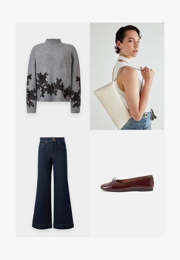 Grå strikkegenser med ribbet krage og hem, med svart blomsterlacetapet langs den nedre fronten, ermene og mansjettene.; Mørkeblå denimjeans med bred bukseform, høy midje, frontlommer og kontrasterende gullsøm. Har dobbel knappelukking.; Burgunderrød lakk lær ballettleilighet med rund tå, liten sløyfe foran og en lav, svart gummisåle. Glatt tekstur.; Hvit rektangulær clutch-veske laget av blankt materiale, med en sølvkjede-stropp. Modellen poserer og viser vesken mot en ensfarget bakgrunn.
