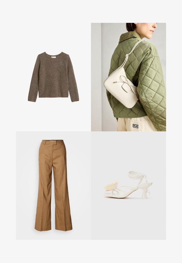 Pitkähihainen, pyöreäkauluksinen, ruskea teksturoitu villaumpi, jossa on suora helma, esitetty tasaisesti valkoisella taustalla.; Ruskeat leveät housut, jotka on valmistettu kevyestä kankaasta. Ominaisuuksiin kuuluvat tasainen etuosa, vyölenkit sekä muotonsa mukauttava siluetti, jossa on nilkkapituinen leikkaus.; Valkoiset hihnalliset korkokengät, joissa on kärjellinen muoto. Varustettu koristeellisella keltaisella terälehdellä ja hoikalla nilkkahihnalla.; Beige nahka-olkalaukku, jossa on nauhakiinnitys, kultaiset yksityiskohdat ja yksi säädettävä hihna, joka on puettu vihreän tikatun takin päälle.; Kermainen pehmustettu pääpanta, jossa on kiertävä muotoilu, yhdistettynä beige-valkoraidalliseen puseroon, jossa on pyöreä pääntie. Huomaamaton koruasu.