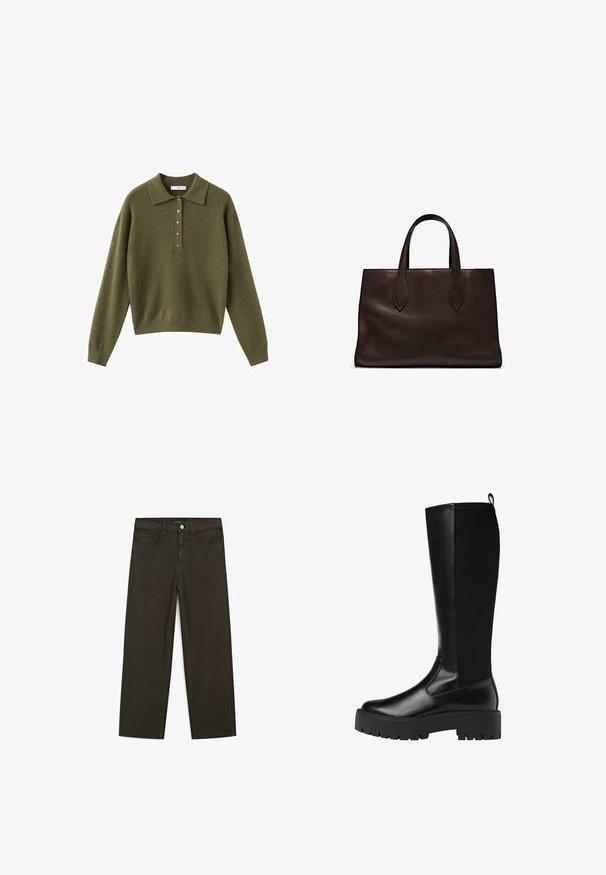 Olivgrüner Strickpullover mit Kragen, fünf Knöpfen und langen Ärmeln. Weiche Textur und locker sitzende Passform.; Dunkelgrüne Jeans im weit geschnittenen Style, hergestellt aus einem Baumwollgemisch. Sie verfügen über einen Frontknopfverschluss, fünf Taschen und klassische Denim-Nähte.; Knöchellange schwarze Synthetikstiefel mit einer glatten, strukturierten Oberfläche und einer robusten Gummisohle. Mit einer Zuglasche auf der Rückseite für leichtes Anziehen.; Braune Ledertasche mit zwei langen Griffen, strukturierte rechteckige Form, glatte Textur und dezente Nähdetails.