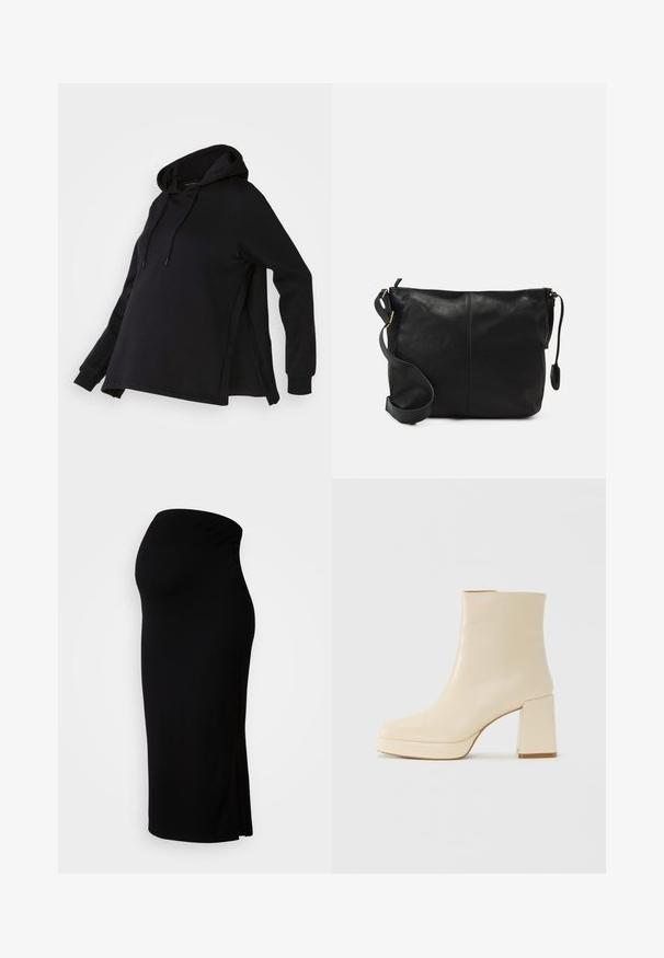 Black sweatshirt with a hood, featuring side slits and long sleeves. Made from soft fabric, it offers a relaxed fit for comfort.; MAMALICIOUS MLLIF MIDI SKIRT - Pencil skirt - black; Beige leather ankle boot with block heel and platform sole, smooth finish, and slightly squared toe facing left on white background.; Black leather crossbody bag with a flat shape, gold hardware accents, and an adjustable strap. Smooth texture with minimal stitching details.
