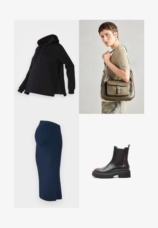 Svart sweatshirt med huva, med sidofragor och långa ärmar. Tillverkad av mjukt material, erbjuder den en avslappnad passform för komfort.; MAMALICIOUS MLJACINA MIDI SKIRT - Pennkjol - navy blazer; Bruna läderankelboots med elastiska sidopaneler, kraftig svart gummisula, rund tå, kontrasterande sömmar och dragflik baktill.; Olivgrön läderhandväska med framflik, justerbar rem och detaljer i silver, uppvisad på en modell som bär en stickad topp.