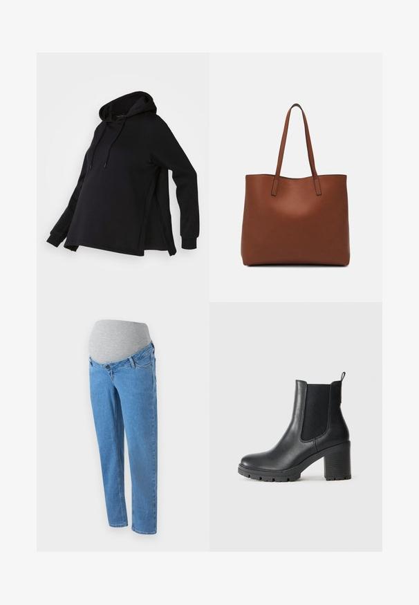 Mustaga kapuutsiga sviiter, külgsuuna lõhedega ja pikkade varrukatega. Valmistatud pehmest kangast, pakub see mugavat ja avarat istuvust.; Heledad sinised raseduse teksad veniva halli küljeplaadiga, esi-taskutega ja lõtvade lõikejoontega. Suurendatud denimitekstuur.; Must must nahkasaapad elastsete külgpaneelidega, paksu kummitald ja kõrge plokkkonts. Tagaküljel on tõmbeheebel.; Pruun nahast tote-kott, millel on sile tekstuur, avatud ülaosa disain ja kaks õlarihma. Omab minimaalset õmblust ja nähtavat riistvara ei ole.