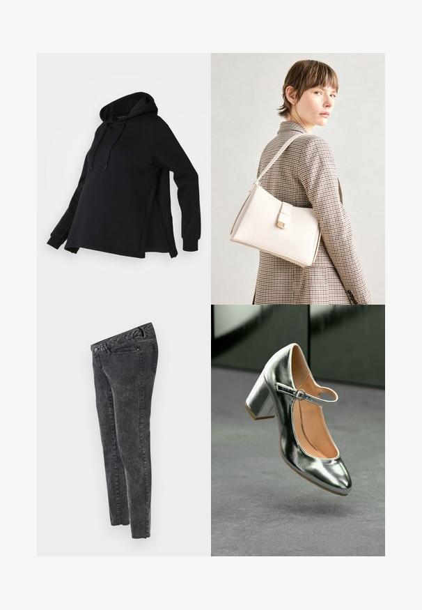 Crna dukserica s kapuljačom, koja ima bočne proreze i duge rukave. Izrađena od mekog materijala, nudi opušten kroj za udobnost.; MAMALICIOUS MLOSAKA - Traperice uskog kroja - grey denim; Metalne srebrne Mary Jane potpetice s okruglim prstom, remenom oko gležnja i blok petom, s glatkom teksturom i svijetlosmeštim unutrašnjim dijelom.; Bijela kožna torba s čvrstim dizajnom, s magnetskim kopčanjem i remenom za rame, prikazana na neutralnoj pozadini.