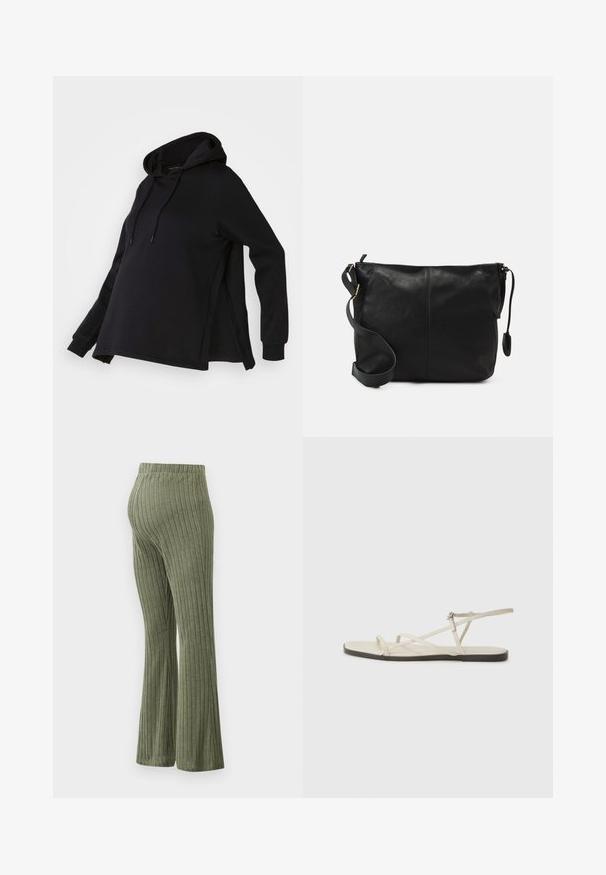 Black sweatshirt with a hood, featuring side slits and long sleeves. Made from soft fabric, it offers a relaxed fit for comfort.; Ribbed, flared pants made of soft, textured fabric in olive green, featuring an elastic waistband and a straight cut to the hem.; Beige flat sandal with multiple slender straps and an adjustable buckle. The sole is flat with a slight dark contrast at the edge.; Black leather crossbody bag with a flat shape, gold hardware accents, and an adjustable strap. Smooth texture with minimal stitching details.