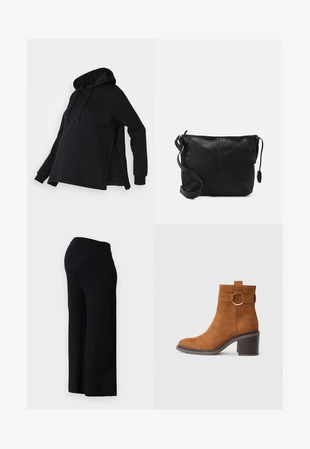 Black sweatshirt with a hood, featuring side slits and long sleeves. Made from soft fabric, it offers a relaxed fit for comfort.; Black ribbed wide-leg pants with a high waistband. The fabric is smooth and stretchy, creating a relaxed fit throughout the legs.; Brown suede ankle boot with a rounded toe, block heel, and a decorative strap featuring a circular buckle detail.; Black leather crossbody bag with a flat shape, gold hardware accents, and an adjustable strap. Smooth texture with minimal stitching details.