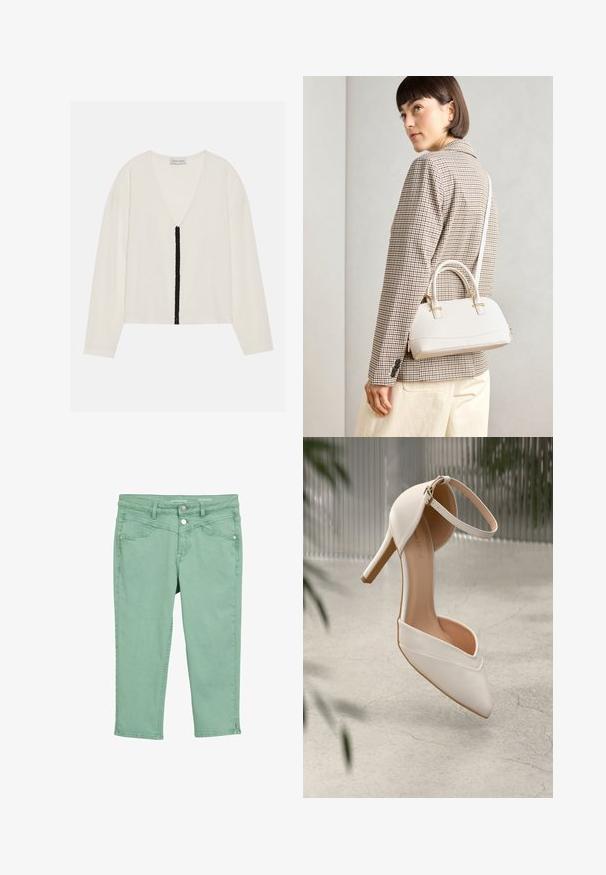 Balta garām piedurknēm tops ar V veida dekoltē un centrālu melnu teksturētu svītru gar priekšpusi. Mīksta auduma un brīva piegriezuma.; Gaiši zaļas kokvilnas cropped bikses ar gludu tekstūru. Satur priekšējos kabatas, pogu un rāvējslēdzēja aizdari, kā arī apakšmalas akcentus.; Balta augstpapēžu kurpe gludā materiālā ar smailu purngalu un potītes siksniņu. Iekšpuse ir gaiši brūna, un ir zelta tonī detalizējumi.; Balta strukturēta roku soma ar īsām rokturiem un plecu siksnu, ar zelta aparatūras akcentiem un strukturētu materiālu, izstādīta uz pelēka fona.; Zelta krāsas sirdīm līdzīgas auskaru formas ar teksturētu apdari, ar piekaramu pērli. Iekļauti arī atbilstoši sirdīm līdzīgas stīpu auskari.