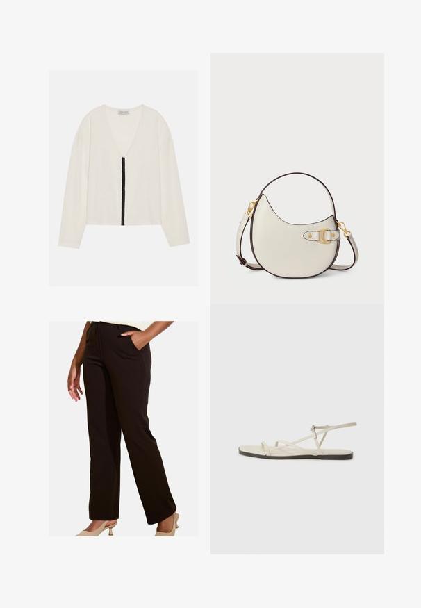 Balta ilgomis rankovėmis palaidinė su V formos iškirpte ir centrinė juoda tekstūruota juosta priekyje. Minkšta medžiaga su laisvu siluetu.; Juodi tiesūs kelnės su šoninėmis kišenėmis ir lygiu paviršiumi. Dėvimos su šviesios spalvos avalyne, tinka įvairioms progoms.; Bežiniai plokšti sandalai su keliais lieknais dirželiais ir reguliuojamu užsegimu. Padas plokščias, su lengvu tamsiu kontrastu krašte.; Kremo spalvos odinė rankinė su išlenkta forma ir rudu apvadu. Yra auksinis užsegimas ir reguliuojama juosta, suteikianti įvairių nešimo galimybių.