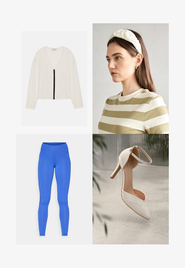 Balta garām piedurknēm tops ar V veida dekoltē un centrālu melnu teksturētu svītru gar priekšpusi. Mīksta auduma un brīva piegriezuma.; Zilas augsto vidukļu legingi, kas izgatavoti no elastīga auduma, ar gludu tekstūru un šauru piegriezumu. Melni akcenti gar sāniem.; Balta augstpapēžu kurpe gludā materiālā ar smailu purngalu un potītes siksniņu. Iekšpuse ir gaiši brūna, un ir zelta tonī detalizējumi.; Krēma krāsas pildīta galvassega ar uztinuma dizainu, apvienota ar bēša un baltā svītrainā krekla ar apaļu izgriezumu. Smalkas rotaslietas akcenti.