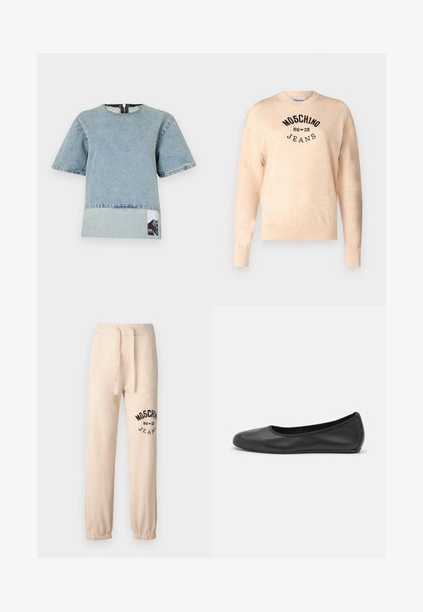 Suéter bege claro feito de um malha suave, com decote redondo, mangas longas e um logótipo bordado em preto com o texto "Moschino Jeans."; T-shirt de denim azul claro com mangas curtas, decote redondo, painel inferior em contraste e um rótulo gráfico de montanha no lado esquerdo.; Calças de moletão bege com punhos e cintura elásticos. Apresenta um logótipo impresso a preto "MOSCHINO 86 ❤ 23 JEANS" na coxa esquerda. Textura suave.; Bailarina preta em pele com bico arredondado, textura suave, detalhe de costura minimalista e design de sola flexível.