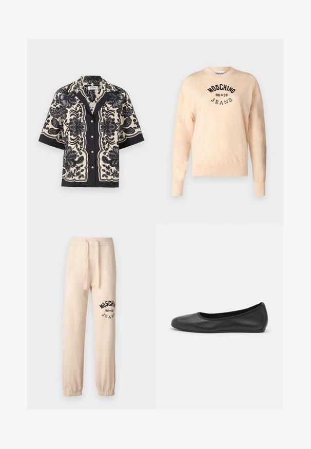 Maglione beige chiaro realizzato in un morbido tessuto a maglia, con scollo rotondo, maniche lunghe e un logo ricamato nero con la scritta "Moschino Jeans."; sandro CHEMISE - Camicia - ecru/noir; Pantaloni della tuta beige con polsini e vita elastica. Presenta un logo stampato nero "MOSCHINO 86 ❤ 23 JEANS" sulla coscia sinistra. Tessuto morbido.; Pantofole da balletto nere in pelle con punta arrotondata, texture liscia, dettagli di cucitura minimi e design con suola flessibile.