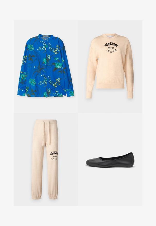 Lichtbeige trui van een zachte breisel, met een ronde hals, lange mouwen en een zwart geborduurd logo met de tekst "Moschino Jeans."; Blauw overhemd met lange mouwen met een bloemenpatroon in groen en geel. Zachte stof, knoopsluiting aan de voorkant en een kraagloos ontwerp.; Beige sweatpants met elastische boorden en tailleband. Heeft een zwart gedrukt logo "MOSCHINO 86 ❤ 23 JEANS" op de linkerdij. Zachte textuur.; Zwarte leren ballerina met een ronde neus, gladde textuur, minimale stikdetails en een flexibele zoolontwerp.