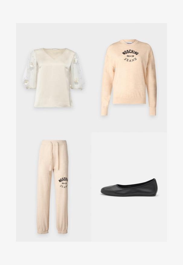 Helles beiges Sweatshirt aus weichem Strick, mit rundem Halsauschnitt, langen Ärmeln und einem schwarzen gestickten Logo mit dem Text "Moschino Jeans."; Ida Sjöstedt EXCLUSIVE RHIANNON - Bluse - ivory; Beige Jogginghose mit elastischen Bündchen und Bund. Auf dem linken Oberschenkel befindet sich ein schwarzes Drucklogo "MOSCHINO 86 ❤ 23 JEANS". Weicher Stoff.; Schwarze Leder-Ballettschuhe mit abgerundeter Spitze, glatter Textur, minimalen Nähdetails und einem flexiblen Sohlen-Design.