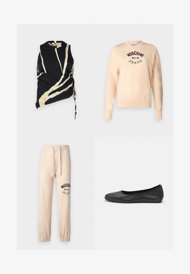 Helles beiges Sweatshirt aus weichem Strick, mit rundem Halsauschnitt, langen Ärmeln und einem schwarzen gestickten Logo mit dem Text "Moschino Jeans."; Schwarzes ärmelloses Top mit cremfarbenen diaganalen Streifen. Mit seitlichen Rüschen und einem hohen Kragen. Leichter Stoff mit glatter Textur.; Beige Jogginghose mit elastischen Bündchen und Bund. Auf dem linken Oberschenkel befindet sich ein schwarzes Drucklogo "MOSCHINO 86 ❤ 23 JEANS". Weicher Stoff.; Schwarze Leder-Ballettschuhe mit abgerundeter Spitze, glatter Textur, minimalen Nähdetails und einem flexiblen Sohlen-Design.