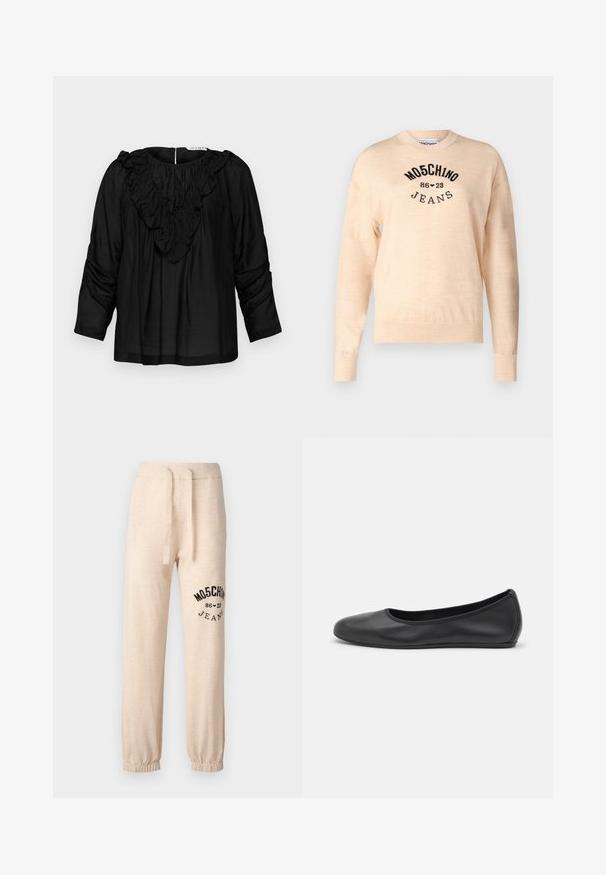 Light beige sweater made of a soft knit, featuring a round neckline, long sleeves, and a black embroidered logo with the text "Moschino Jeans."; Black blouse with a ruffled V-neck, three-quarter sleeves, and gathered details at shoulders, made from a smooth, lightweight fabric.; Beige relaxed-fit sweatpants made of soft fabric, featuring an elastic waistband with a drawstring and black logo/design on the left leg.; Black leather ballet flat with a rounded toe, smooth texture, minimal stitching detail, and a flexible sole design.