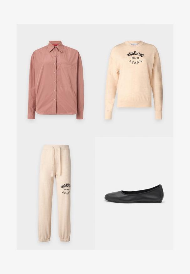 Lys beige sweater lavet af en blød strik, med rund halsudskæring, lange ærmer, og et sort broderet logo med teksten "Moschino Jeans."; Langærmet, knap-op skjorte i støvet pink, lavet af blødt stof. Har en brystlomme og en struktureret krave. Knapperne er farvematchede.; Beige sweatpants med elastiske manchetter og talje. Har et sort trykt logo "MOSCHINO 86 ❤ 23 JEANS" på venstre lår. Blød tekstur.; Sort læderballetsko med rund tå, glat tekstur, minimal syning og et fleksibelt såldesign.