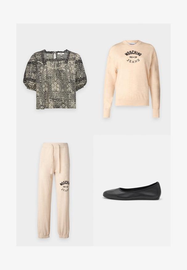 Maglione beige chiaro realizzato in un morbido tessuto a maglia, con scollo rotondo, maniche lunghe e un logo ricamato nero con la scritta "Moschino Jeans."; Blusa a maniche corte in un motivo floreale crema e nero, con scollatura a forma di onda e dettaglio a chiave sul retro. Tessuto leggero.; Pantaloni della tuta beige con polsini e vita elastica. Presenta un logo stampato nero "MOSCHINO 86 ❤ 23 JEANS" sulla coscia sinistra. Tessuto morbido.; Pantofole da balletto nere in pelle con punta arrotondata, texture liscia, dettagli di cucitura minimi e design con suola flessibile.