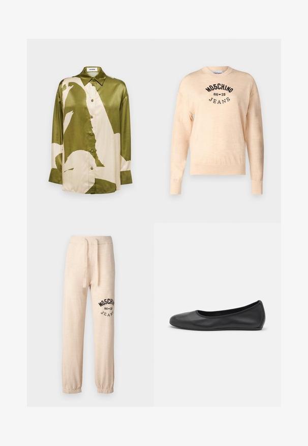 Light beige sweater made of a soft knit, featuring a round neckline, long sleeves, and a black embroidered logo with the text "Moschino Jeans."; Satin shirt in olive green and cream, featuring a large abstract pattern, pointed collar, and button-down front with long sleeves.; Beige sweatpants with elastic cuffs and waistband. Features a black printed logo "MOSCHINO 86 ❤ 23 JEANS" on the left thigh. Soft texture.; Black leather ballet flat with a rounded toe, smooth texture, minimal stitching detail, and a flexible sole design.