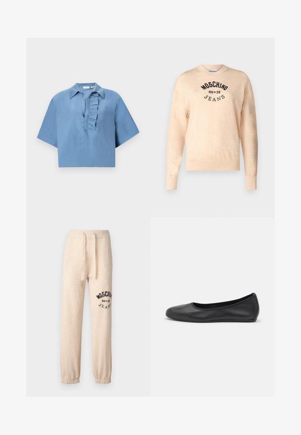 Svetlo bež pulover iz mehkega pletenega materiala, z okroglo izrezom, dolgimi rokavi in črnim vezenim logom z besedilom "Moschino Jeans."; Kratki rokavi, modra srajca iz gladkega materiala, z gumbasto ovratnikom in nabranim žepom spredaj. Skrajšana zasnova.; Bež trenirka z elastičnimi manšetami in pasom. Na levem stegnu se nahaja črn potiskan logotip "MOSCHINO 86 ❤ 23 JEANS". Mehka tekstura.; Črne usnjene balerinke z zaobljenim nosom, gladko teksturo, minimalnimi šivi in fleksibilno zasnovo podplata.