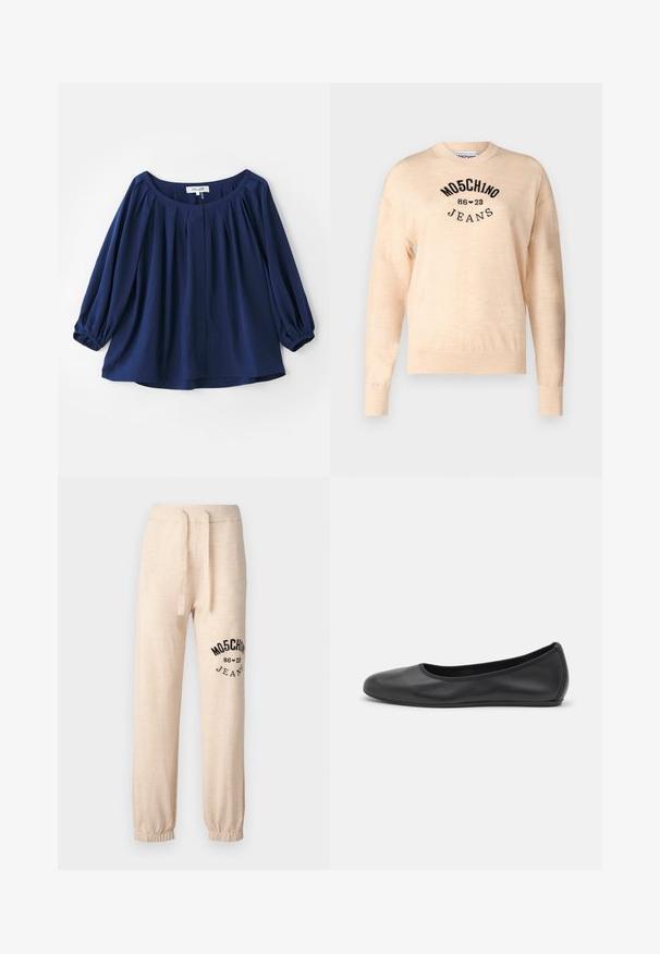 Light beige sweater made of a soft knit, featuring a round neckline, long sleeves, and a black embroidered logo with the text "Moschino Jeans."; Navy blue blouse made of soft fabric, featuring a wide neckline, button closure, pleats at the front, and elasticized cuffs with full sleeves.; Beige sweatpants with elastic cuffs and waistband. Features a black printed logo "MOSCHINO 86 ❤ 23 JEANS" on the left thigh. Soft texture.; Black leather ballet flat with a rounded toe, smooth texture, minimal stitching detail, and a flexible sole design.