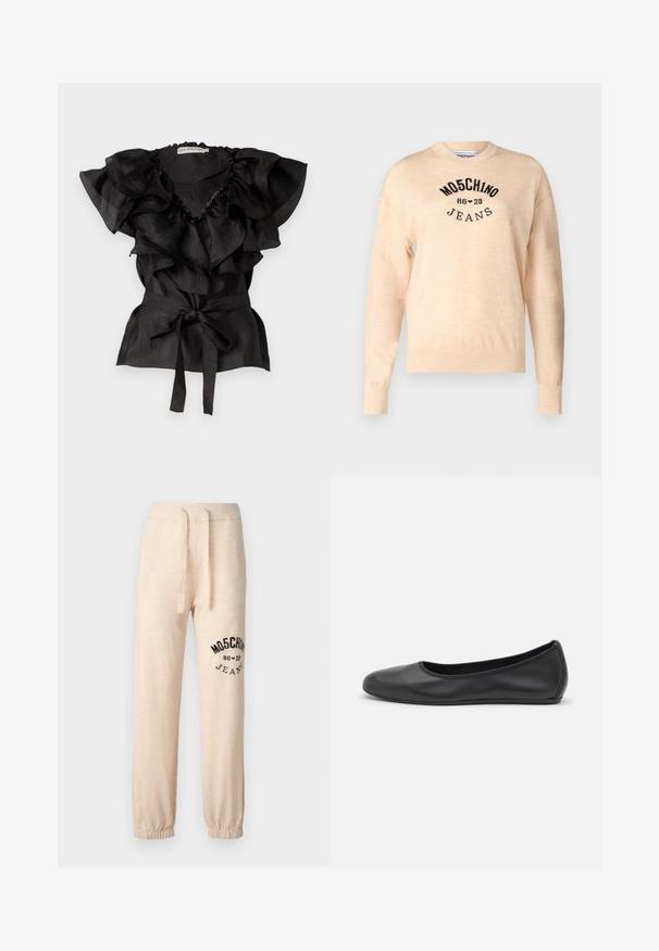 Lys beige sweater lavet af en blød strik, med rund halsudskæring, lange ærmer, og et sort broderet logo med teksten "Moschino Jeans."; Ida Sjöstedt EYRA - Bluse - black; Beige sweatpants med elastiske manchetter og talje. Har et sort trykt logo "MOSCHINO 86 ❤ 23 JEANS" på venstre lår. Blød tekstur.; Sort læderballetsko med rund tå, glat tekstur, minimal syning og et fleksibelt såldesign.