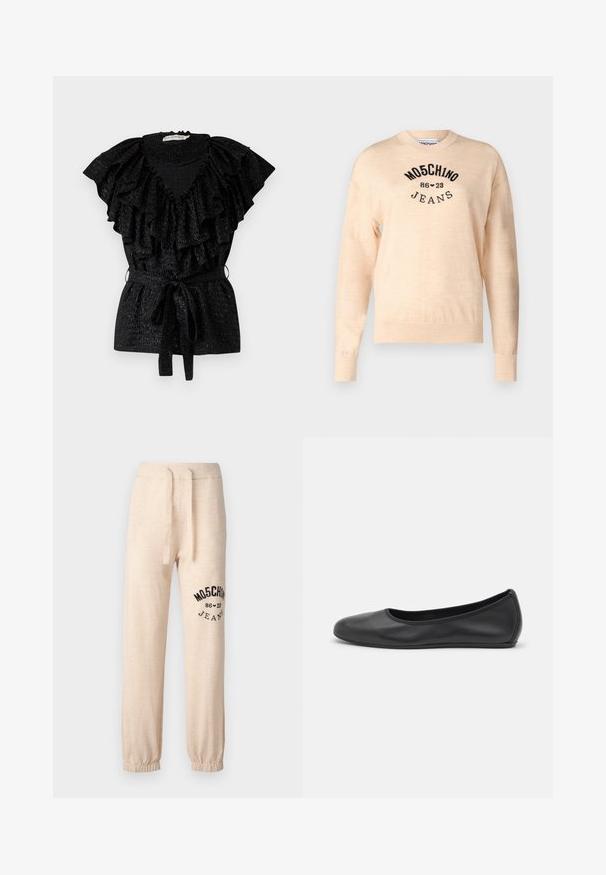 Jasno beżowy sweter z miękkiego dzianiny, z okrągłym dekoltem, długimi rękawami i czarnym haftowanym logo z napisem "Moschino Jeans."; Czarna bluzka z dużym falbaniastym dekoltem i krótkimi rękawami. Posiada marszczony tors i wiązany pas. Wykonana z teksturowanej tkaniny.; Beżowe spodnie dresowe z elastycznymi mankietami i paskiem. Na lewym udzie znajduje się czarny nadrukowany logo "MOSCHINO 86 ❤ 23 JEANS". Miękka tekstura.; Czarne skórzane baletki z zaokrąglonym noskiem, gładką fakturą, minimalnymi przeszyciami i elastycznym designem podeszwy.