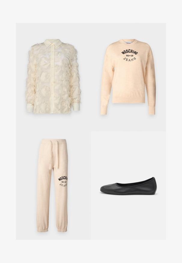 Helles beiges Sweatshirt aus weichem Strick, mit rundem Halsauschnitt, langen Ärmeln und einem schwarzen gestickten Logo mit dem Text "Moschino Jeans."; Marella DOUGLAS - Bluse - vaniglia; Beige Sweatpants mit lockerem Schnitt aus weichem Stoff, ausgestattet mit einem elastischen Bund mit Kordelzug und einem schwarzen Logo/Design am linken Bein.; Schwarze Leder-Ballettschuhe mit abgerundeter Spitze, glatter Textur, minimalen Nähdetails und einem flexiblen Sohlen-Design.