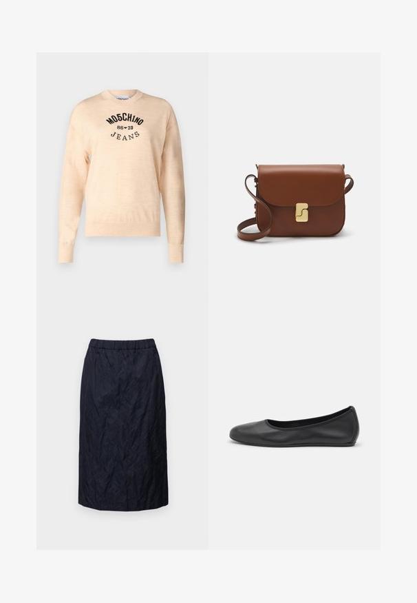 Suéter de color beige claro, confeccionado en un suave tejido de punto, con un escote redondo, mangas largas y un logo bordado en negro con el texto "Moschino Jeans".; Falda lapiz azul marino en un tejido arrugado, con una cinturilla elástica, diseño hasta la rodilla y textura suave.; Bailarina de piel negra con punta redondeada, textura suave, detalle de costura minimalista y diseño de suela flexible.; Bolso de mano de cuero marrón con cierre de solapa, herrajes en tono dorado, correa para el hombro y una textura suave. Forma rectangular compacta.