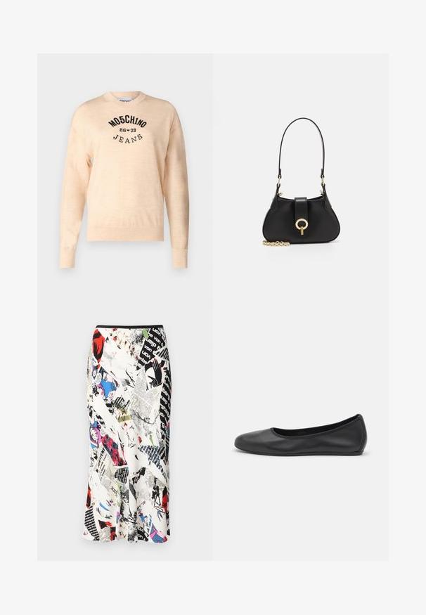 Světle béžový svetr vyrobený z měkkého pleteného materiálu, s kulatým výstřihem, dlouhými rukávy a černě vyšívaným logem s textem "Moschino Jeans."; Diane von Furstenberg MAE SKIRT - Pouzdrová sukně - multi coloured; Černé kožené baletní byty s kulatou špičkou, hladkou texturou, minimálními švy a flexibilním designem podrážky.; sandro JANET - Kabelka - noir